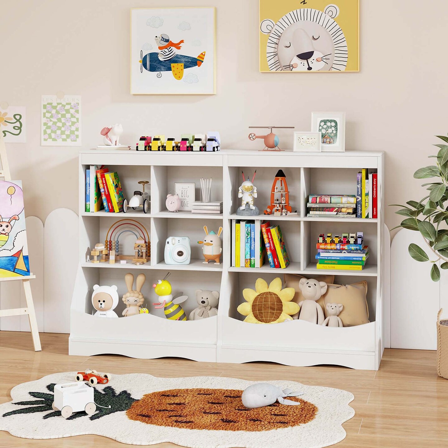 Costway 3-Tier Children&#x27;s Multi-Functional Bookcase Toy Storage Bin Floor Cabinet Gray/White/Natural