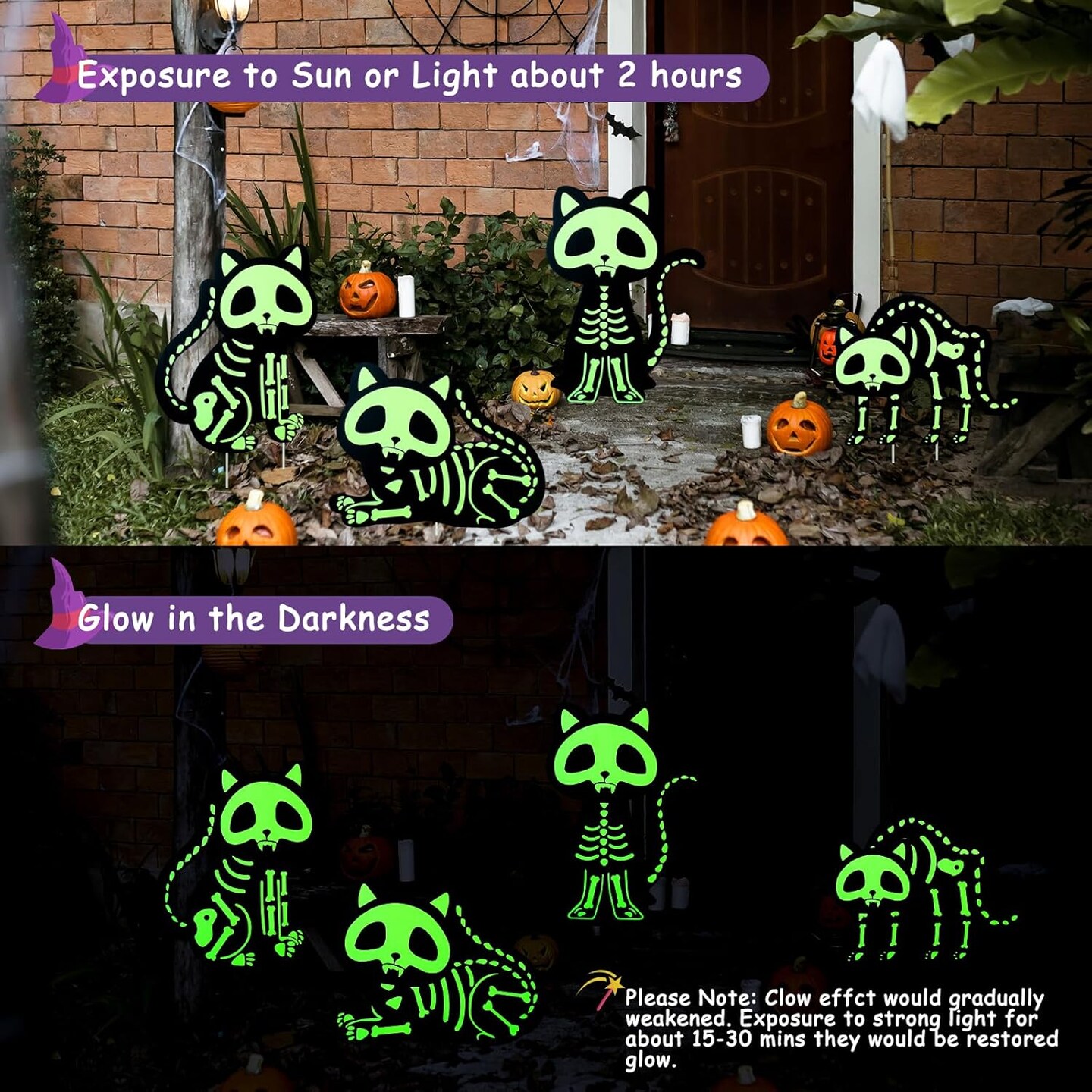 Glow in The Dark Cat Skeleton with Stakes for Spooky Halloween Yard Lawn Patio Garden Day of The Dead Decoration Supplies