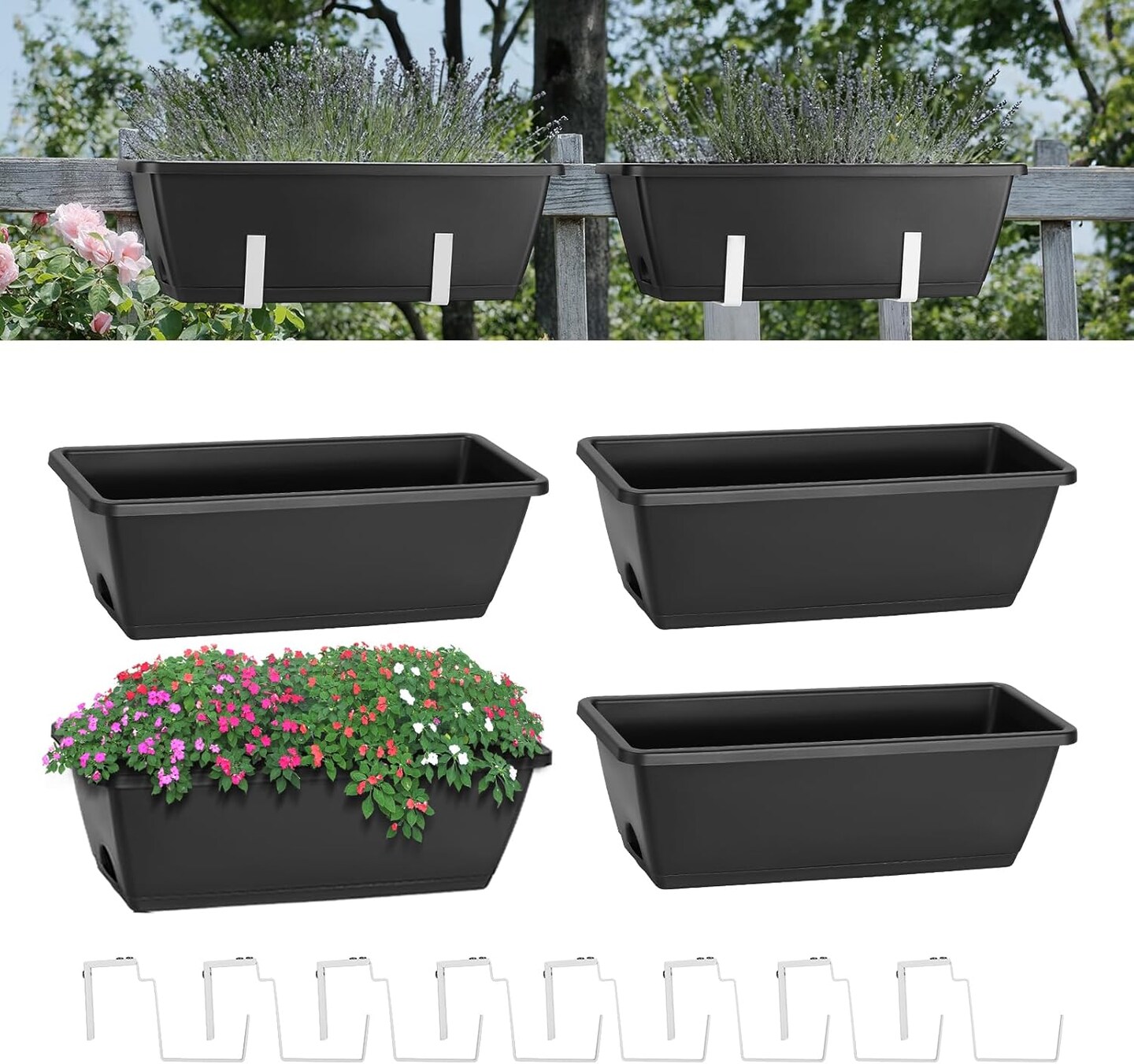 4PCS Railing Planter Box Window Boxes Planters with Flower Box Brackets, 17’’ Rectangle Balcony Deck Railing Hanging Planters for Outdoor Fence Garden Patio Plants