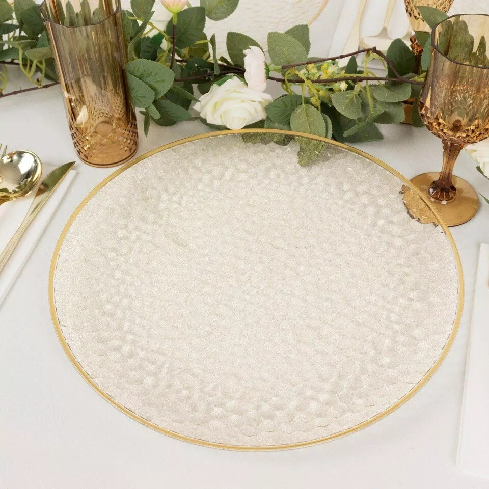 CLEAR 10 Round 13&#x22; Hammered Plastic Charger Plates Glitter Gold Rim Party