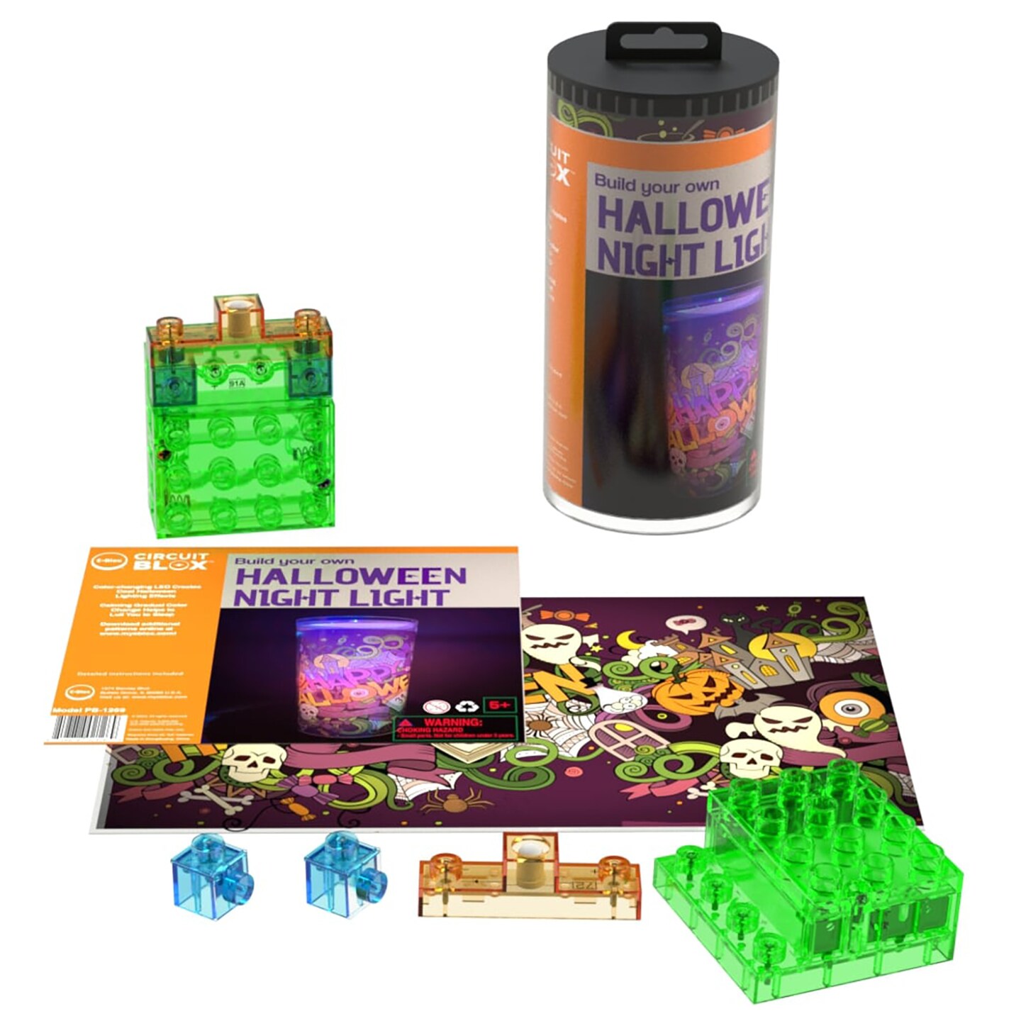 E-Blox: Power Blox BYO: Holiday Night Light - Halloween - Glowing Color Changing LED Block, Image Projection Slip, DIY Craft Activity Kit, Kids Age 5+