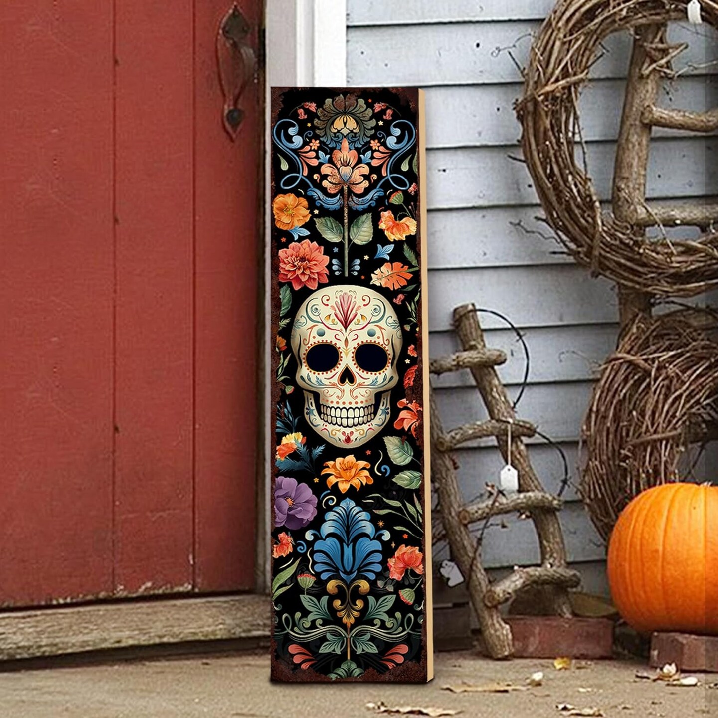 Halloween Front Porch Sign Day of the Dead Wooden Sign Dia De Los Muertos Sugar Skull Welcome Sign, Fall Porch Sign for Front Door Decorations, Lawn Decor Garden Hanging Signs Wall Sign 31.5&#x22;H