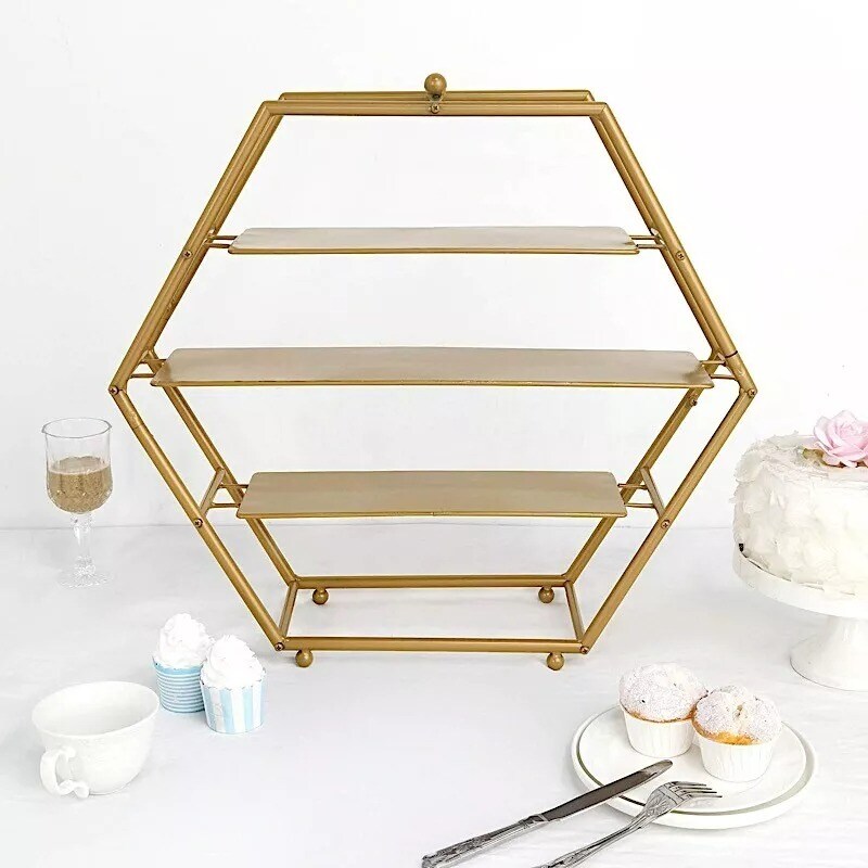 21" Gold 3 Tier Hexagon Metal Cupcake Holders Display Stand Party Event Supplies