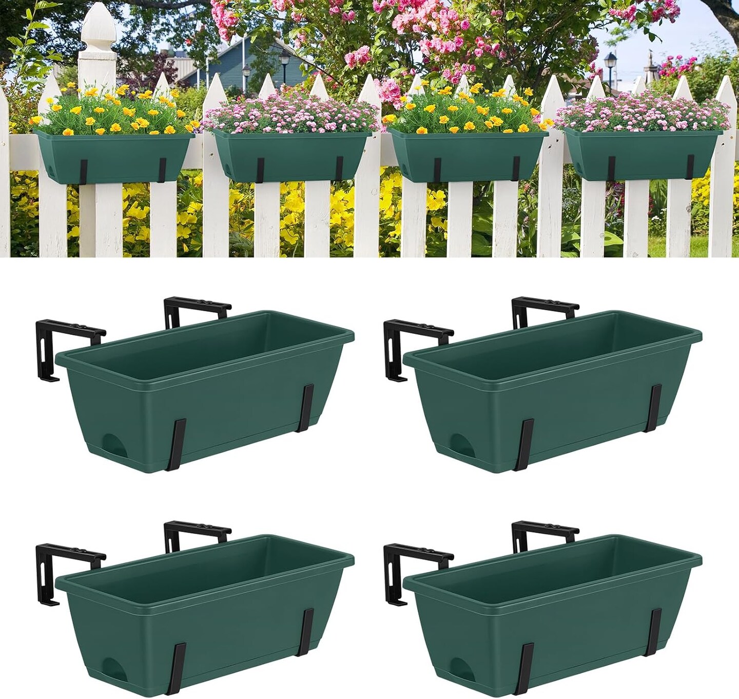 4 Pack Railing Planter Box Window Boxes Planters, 17'' Rectangular Deck Railing Planter Balcony Hanging Planters with Adjustable Flower Box Brackets for Fence Outdoor Patio Porch