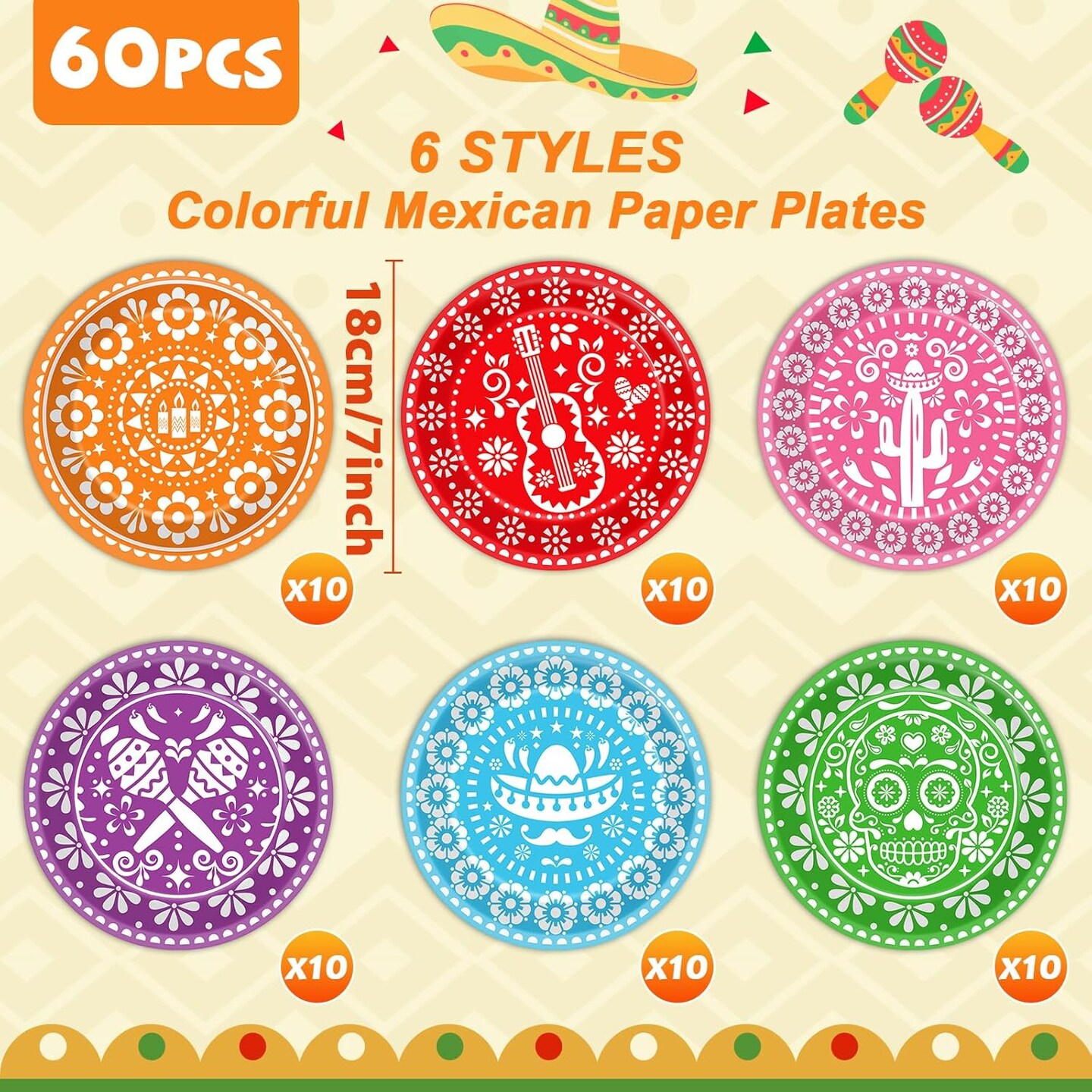 60 PCS Mexican Fiesta Party Plates 7 in Mexican Party Decorations Colorful Papel Picado Fiestas Disposable Paper Dish for Cinco De Mayo Decor Mexico Tableware set, Day of The Dead Dinnerware