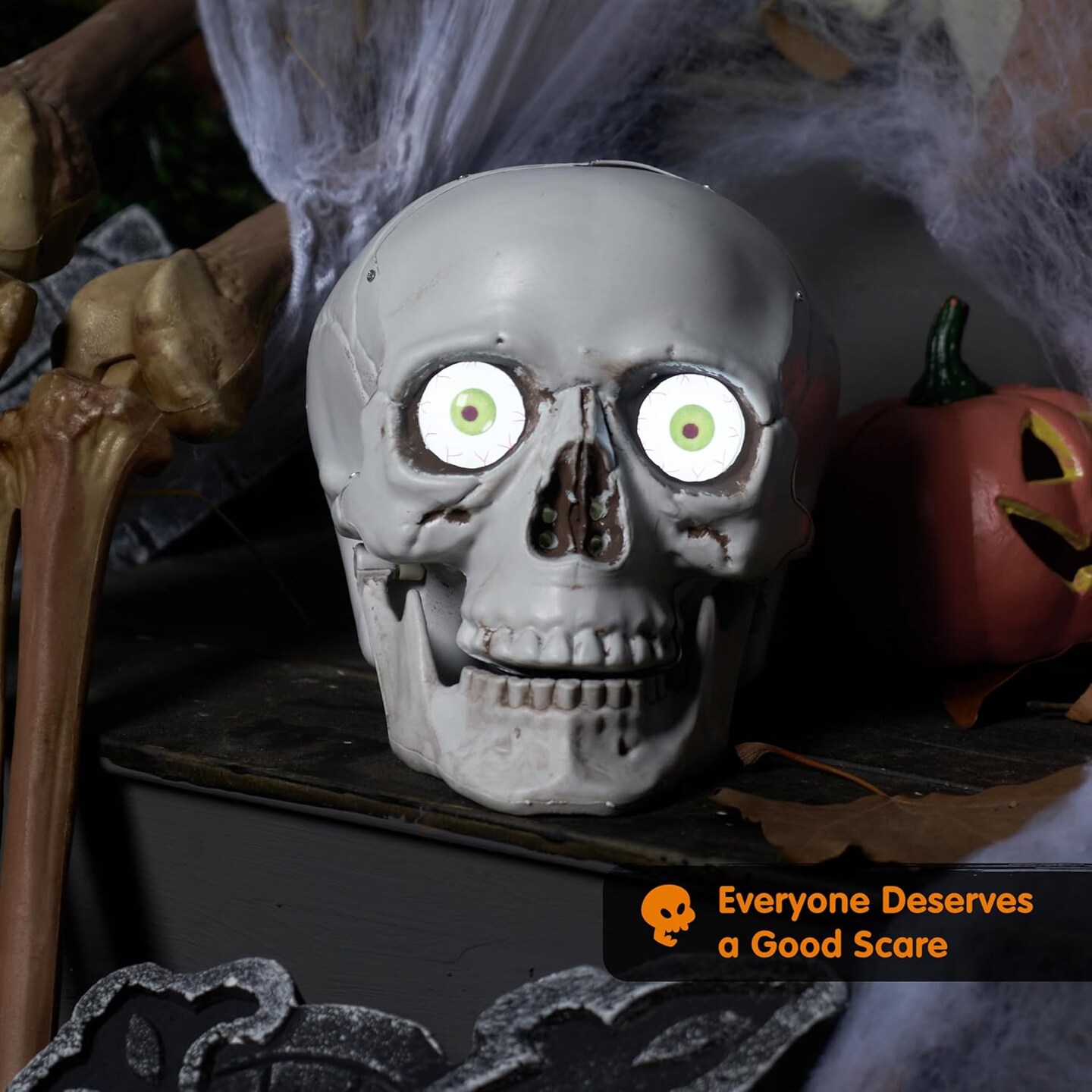 Skull Halloween Decorations Indoor Table Desk Home Decor Haunted House Halloween Animatronics Sound Activated LED Lights Up Eyes Party Supplies Animated Skull Scary Moving Eyeballs