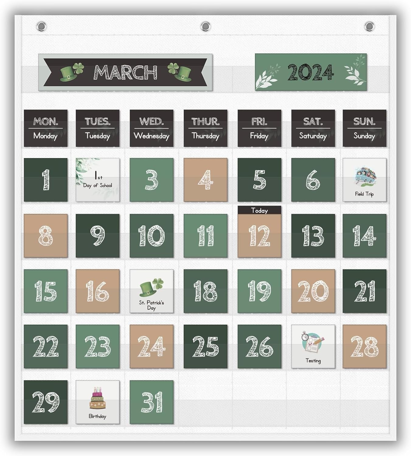 Boho Greenery Calendar Pocket Chart with 82 Cards for Kids Learning,Classroom and Home School D&#xE9;cor