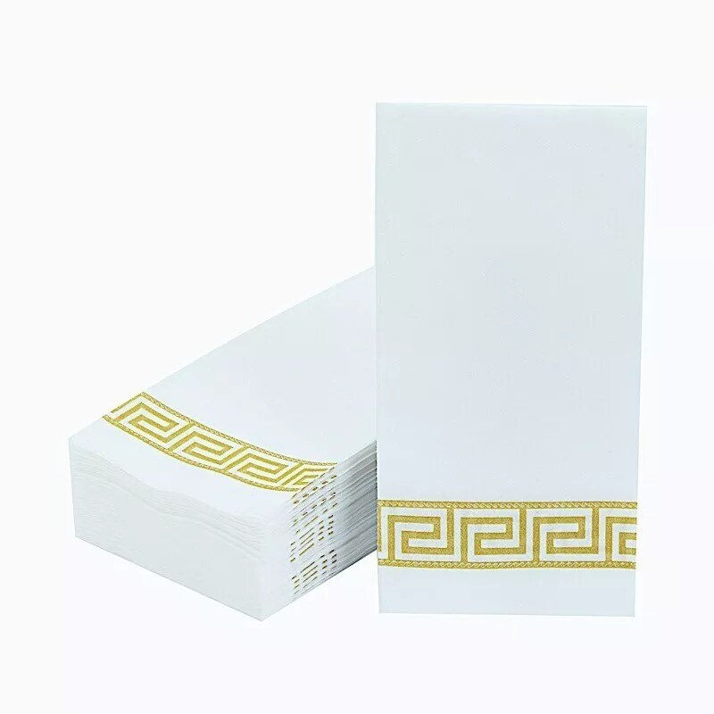 20 White Gold Airlaid Paper Napkins Metallic Greek Design Wedding Decorations