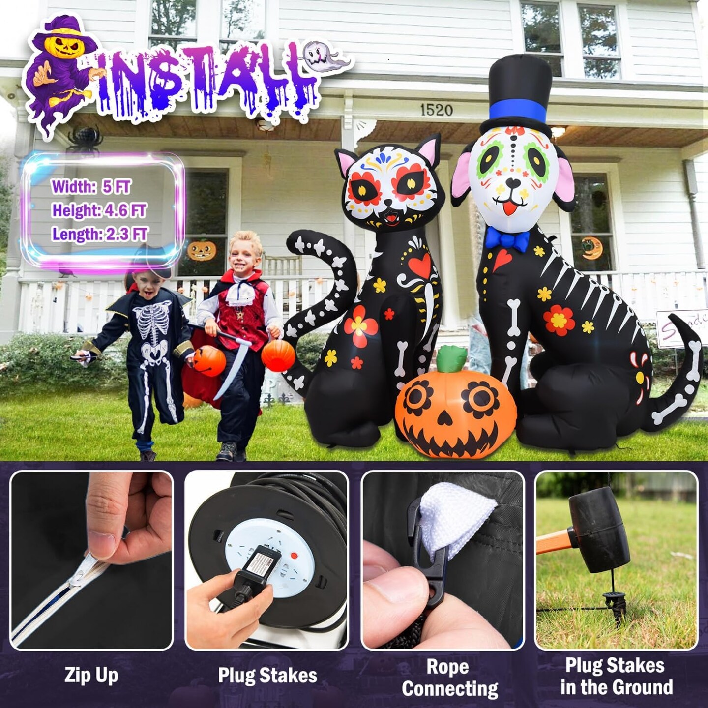 5 FT Halloween Inflatables Black Cat and Dog Day of The Dead Decorations