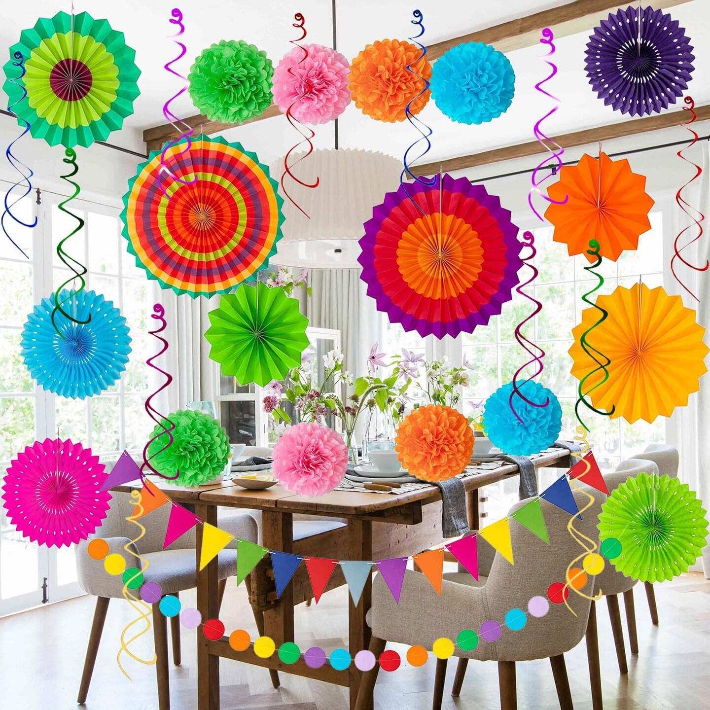 Cinco De Mayo Party Decorations Fiesta Decorations Multi-Color Paper Fans Garlands Pennant Pom Poms Hanging Swirls For Birthday Wedding Rainbow Mexican Party