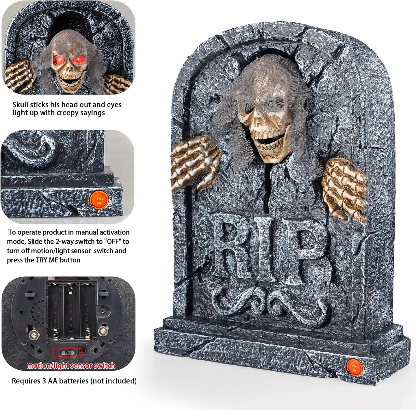 Halloween Animatronics Zombie Tombstone - LED Gravestone Decorations with Skeleton Skull, Light Up Eyes, Motion Activated, Creepy Voice, Scary Motion Haunted Horror Prop for Indoor/Outdoor