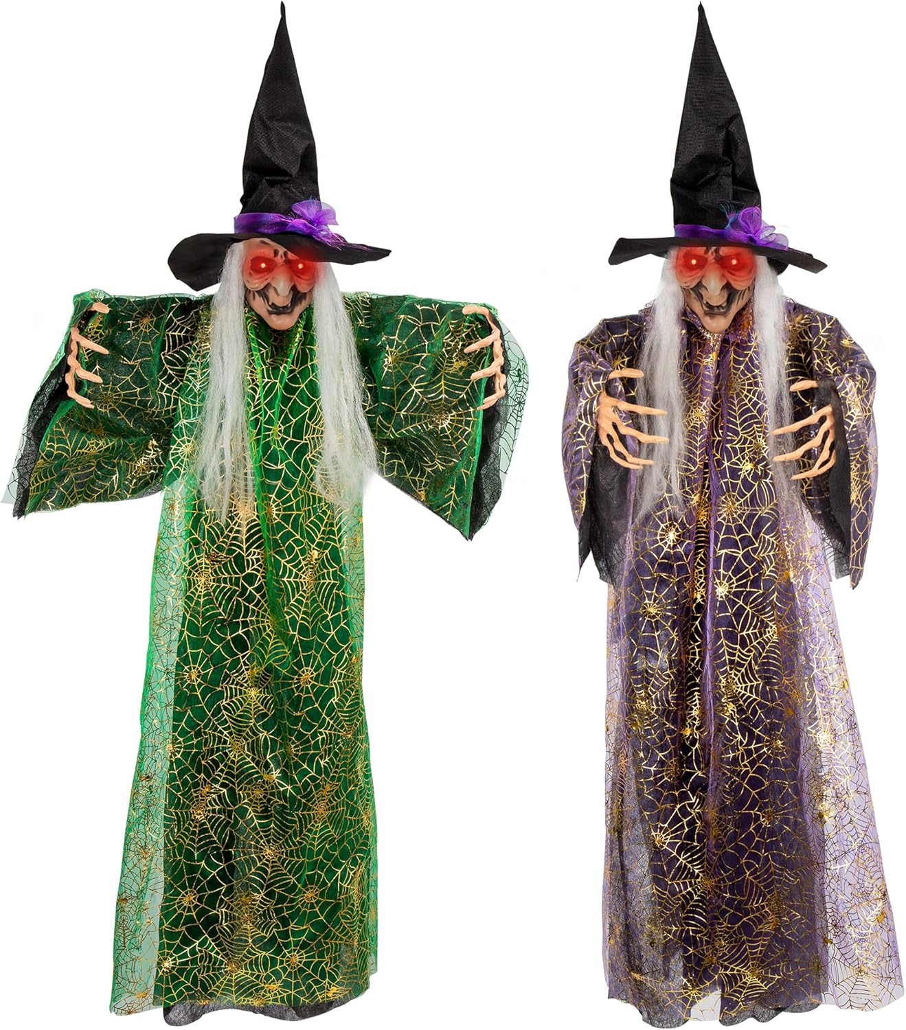 2 Pack Halloween Hanging Witch with Red Eyes, Halloween Animated Witches, Halloween Haunted House Props Scary Decor, Theme Park Horror Layout Party Decoration