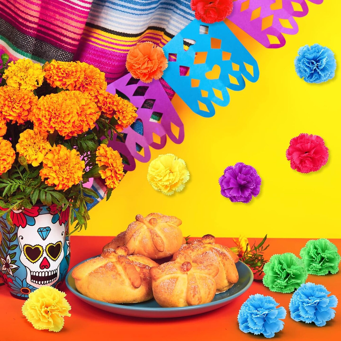 140 Pcs Marigold Flower Head Mexican Artificial Marigold Flowers Halloween Flower Day of The Dead Decoration for Diwali Indian Decor DIY Wreath Garland Craft(2 Inch,Multi Color)