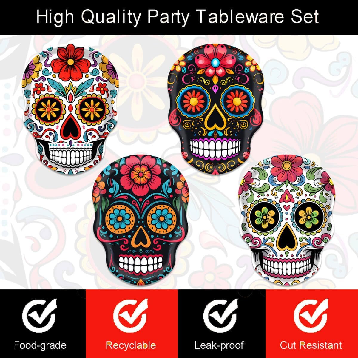 Day of the Dead Party Supplies Sugar Skull Holiday Paper Plates Disposable Dia De Los Muertos Plates Mexican Fiesta Dessert Plates Party Serving Trays Tableware(48 Pcs)