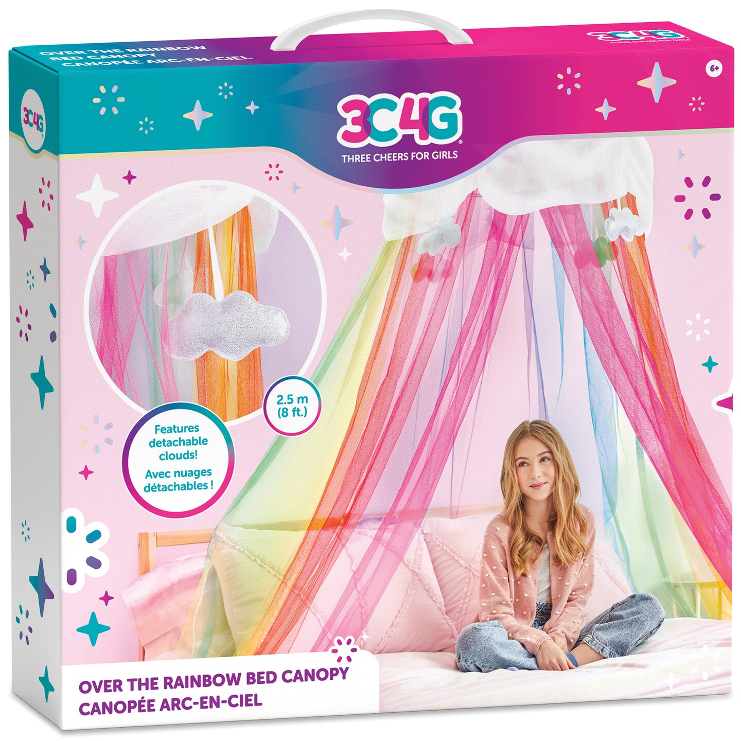 3C4G: Over The Rainbow Bed Canopy - Make It Real, Tweens &#x26; Girls, Hanging Net Canopy, 8&#x27; Height &#x26; 24&#x22; Diameter, Detachable Clouds, Dreamy Bedroom Accessory, Dream Under The Rainbow, Three Cheers For Girls, Kids Ages 6+