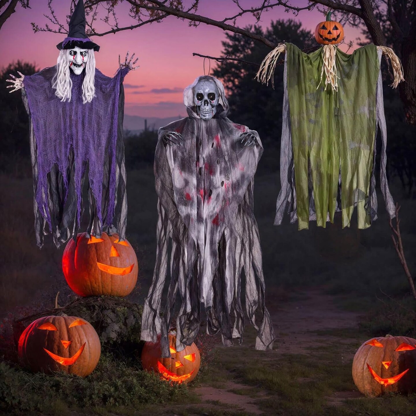 3Pack Halloween Decorations Outdoor - Hanging Halloween Decoration with 35.4&#x201D; Hanging Ghost Witch &#x26; Grim Reapers &#x26; Ghost Pumpkin for Halloween Outdoor Indoor Decor