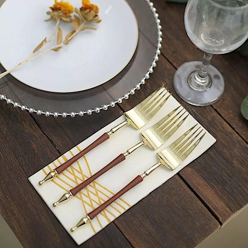 24 Plastic 8&#x22; Gold Brown Plastic Forks Roman Column Handle Party Home Tableware