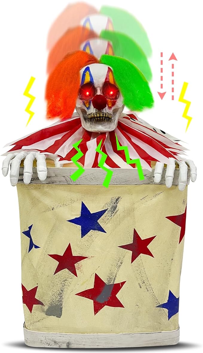 nimated Clown in The Box Sound Activated with Creepy Sound, Bouncing Head, LED Eyes, Wearing The Stars and Stripes for Halloween Prop Indoor Outdoor Decorations