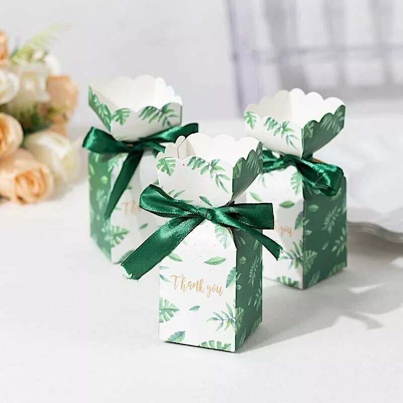 25 White Green Leaves Print Gift Favor Boxes with Satin Ribbon Party Supplies