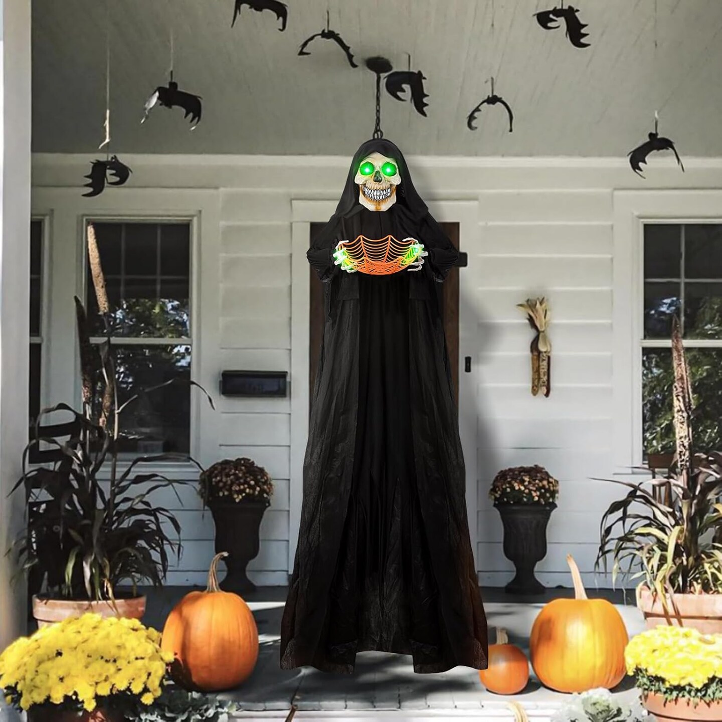 71&#x201D; Halloween Hanging Animated Skeleton Ghost Decoration with Sound Activated, Candy Dish, Glowing Eyes, Spooky Sounds for Halloween Haunted House Prop and Party Decor, Indoor/Outdoor Display