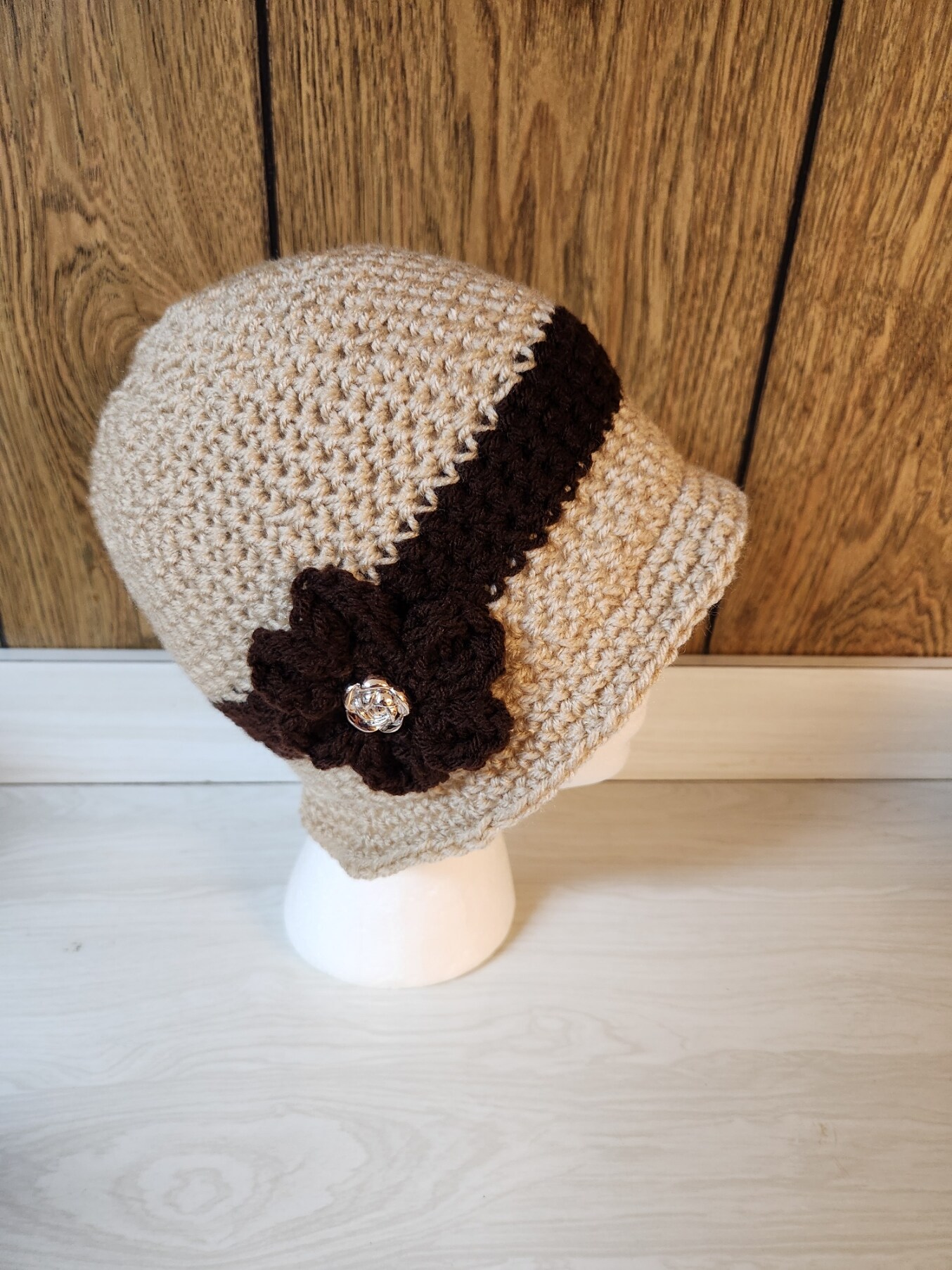 Elegant Cream and Brown Crochet Hat Chocolate Brown & Cream Crochet Beanie, Women main image 4