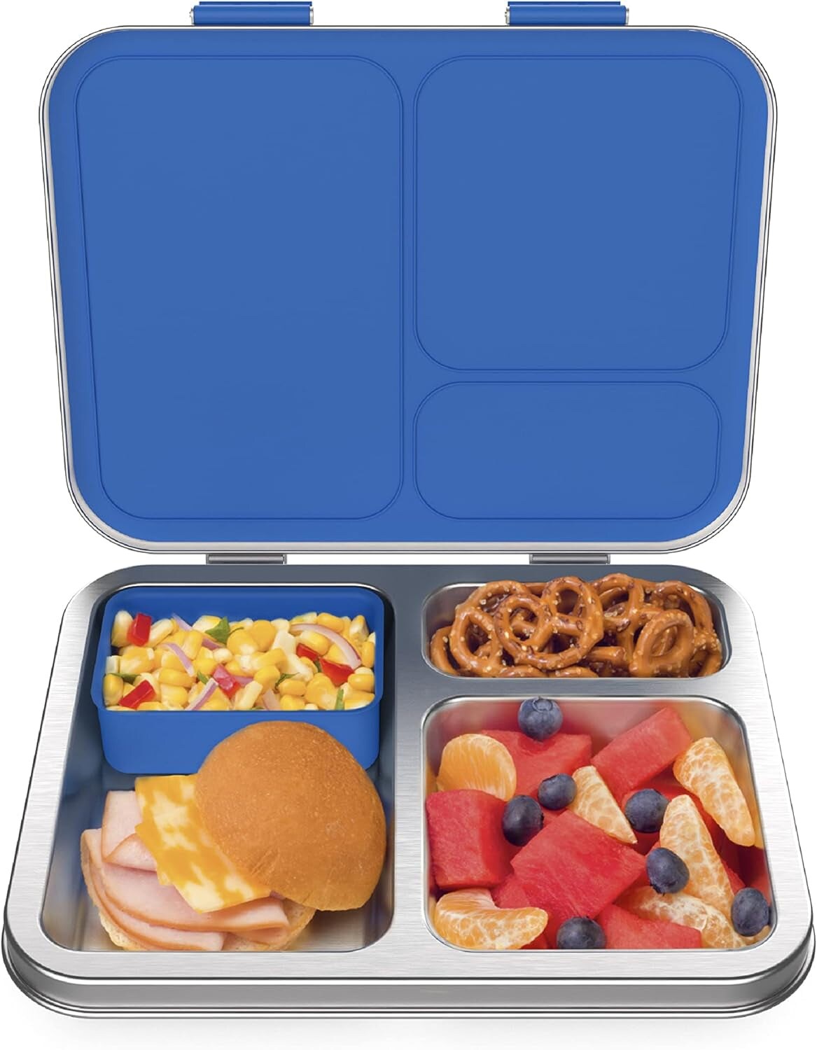 &#xAE; Kids Stainless Steel Leak-Resistant Lunch Box - Bento-Style Redesigned in 2022 W/Upgraded Latches, 3 Compartments, &#x26; Extra Container - Eco-Friendly, Dishwasher Safe, Patented Design (Blue)
