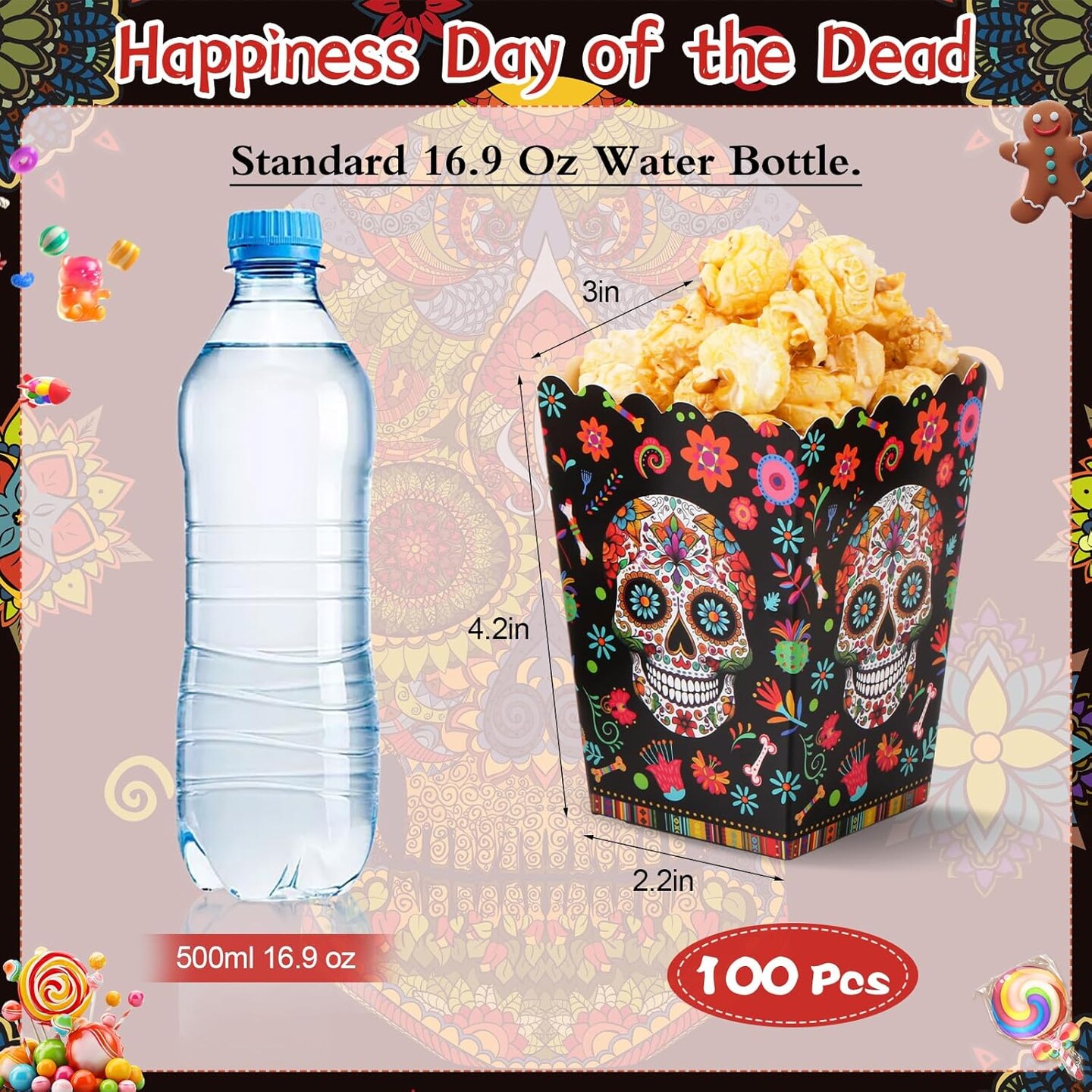 100 Pcs Popcorn Containers Bulk for Party Mini Popcorn Box Dia De Los Muertos Popcorn Treat Boxes Popcorn Bowls Snack Candy Box for Day of the Dead Flower Skull Theme Halloween Party Supplies