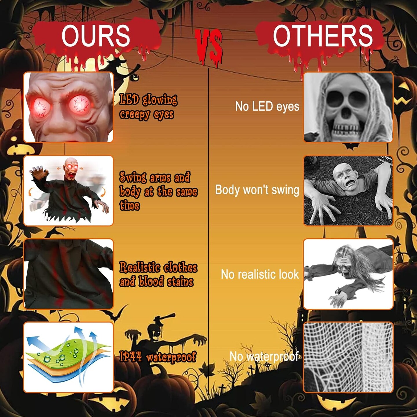 Animated Halloween Decorations Outdoor Scary Groundbreaker Zombie Props with LED Eyes, Swing Body and Creepy Sound, Animatronic Props for Lawn Yard Graveyard Haunted House Halloween Outside Decor