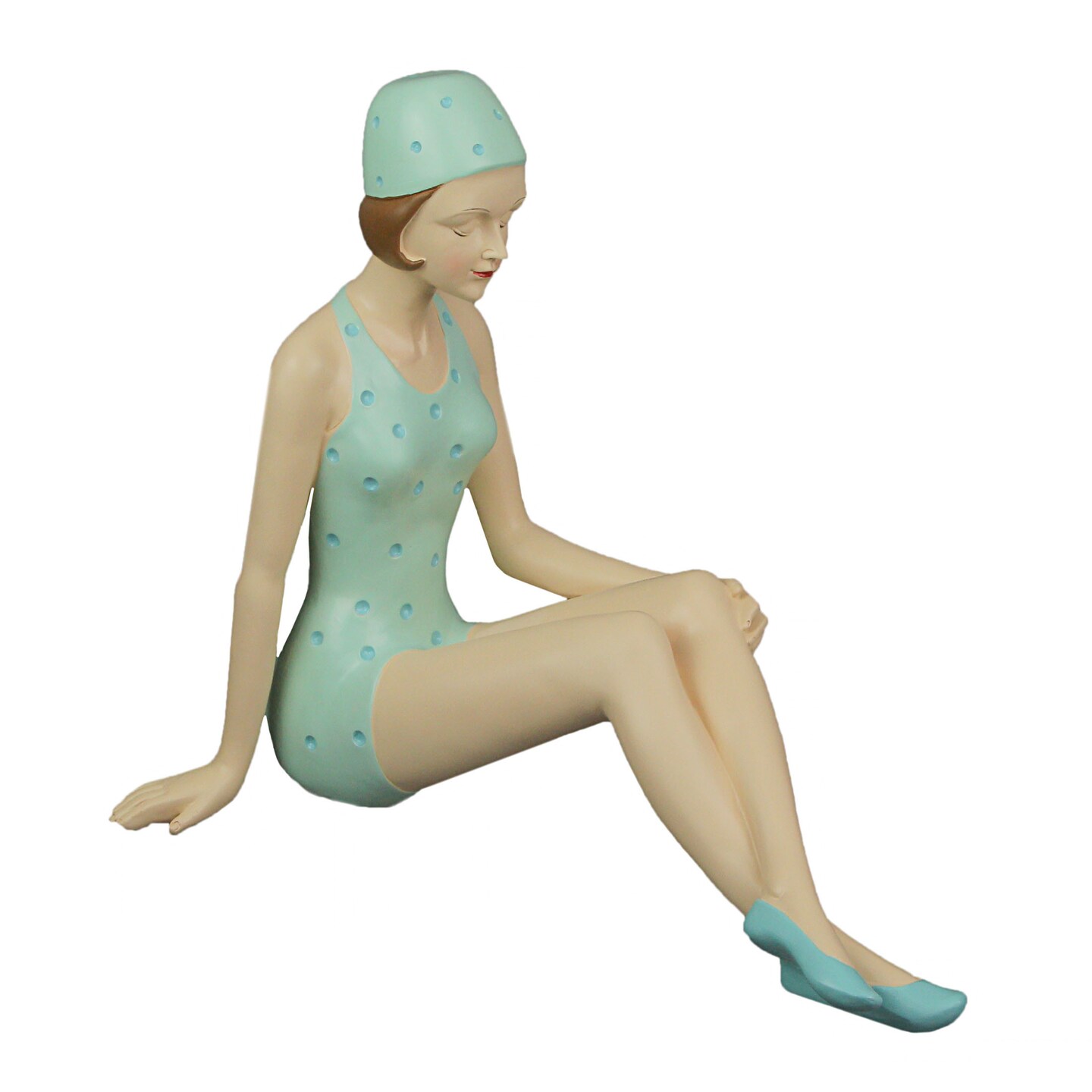 Retro Bathing Beauty Beach Girl In Coral Pink / Blue Polka Dot Swimsuit Statue