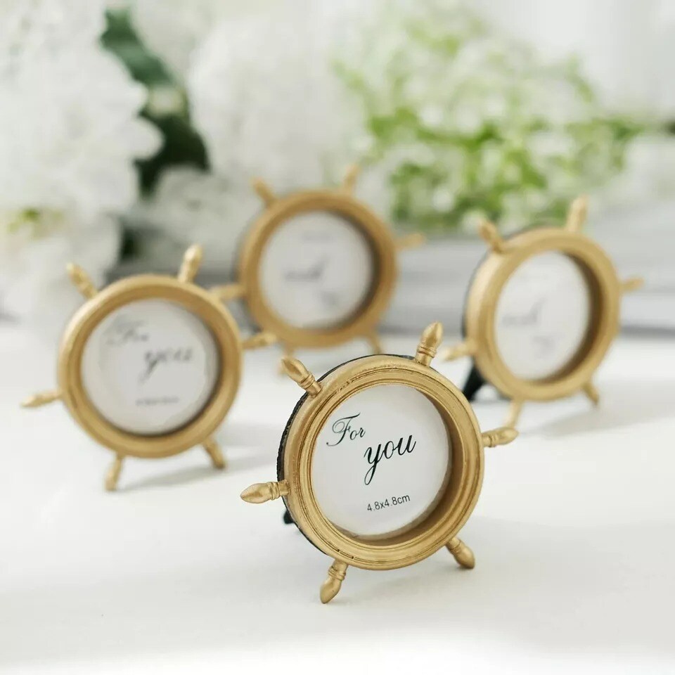 Gold 4 Mini Ship Wheel 3.5&#x22; Round Picture Frames Wedding Favors Party Events