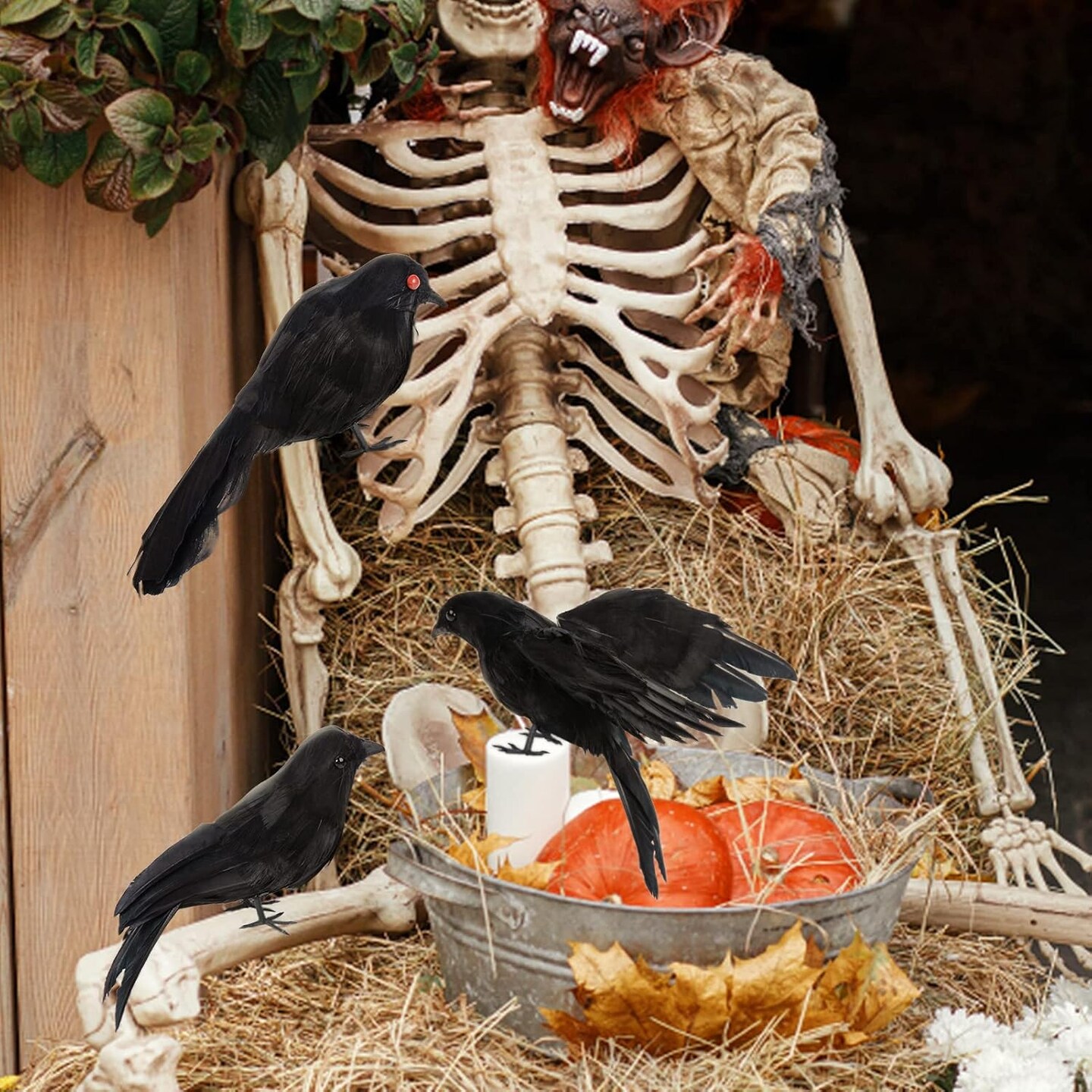 3 Pack Raven Decor - Halloween Decor Fake Crows Black Birds Ornaments, Realistic Looking Handmade Feathered for Halloween Props Indoor Outdoors Party Decoration