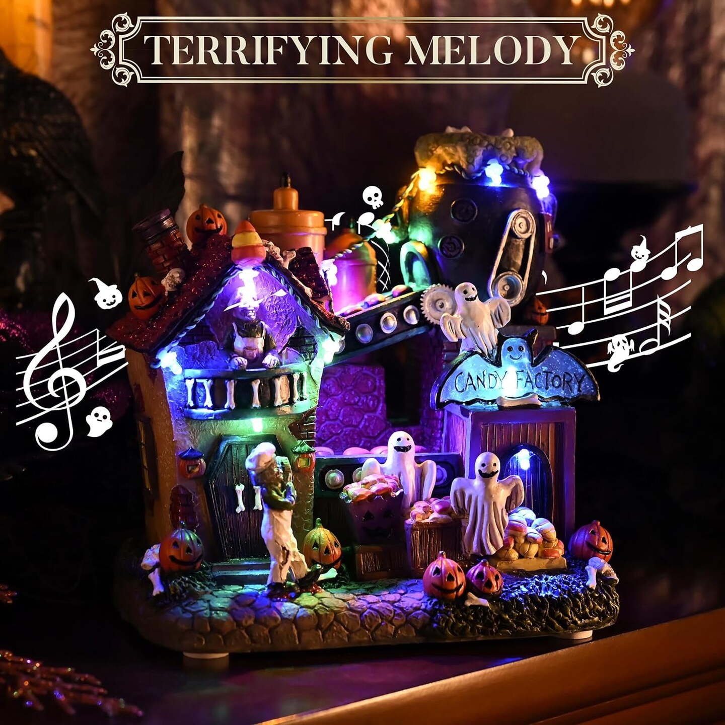 Halloween Village Decoration for Home, 7.7Inch Lighted Vintage Halloween House Statue with Music and Light, for Yard Garden Outdoor Indoor Home Halloween Party Decor