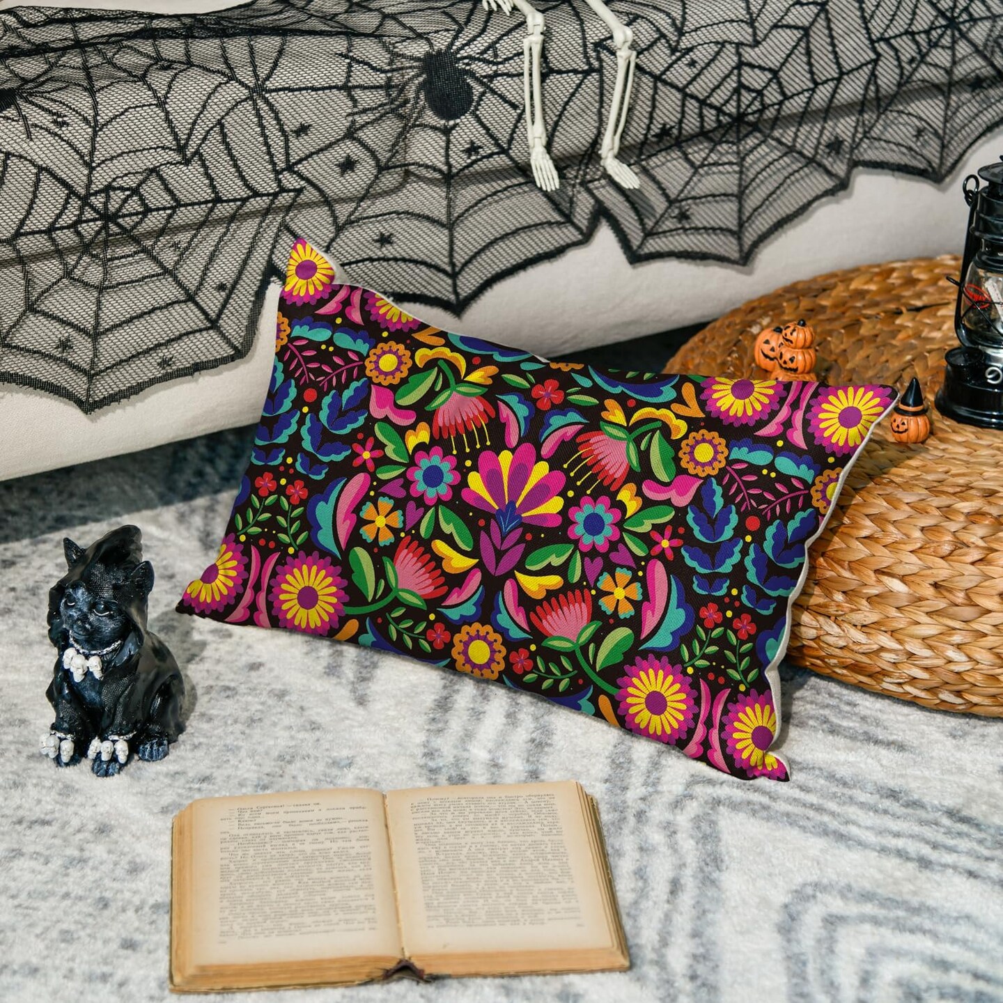 Death Flower Throw Pillow Cover, 12 x 20 Inch Day of The Dead Halloween Cushion Case Holiday Decor for Sofa Couch