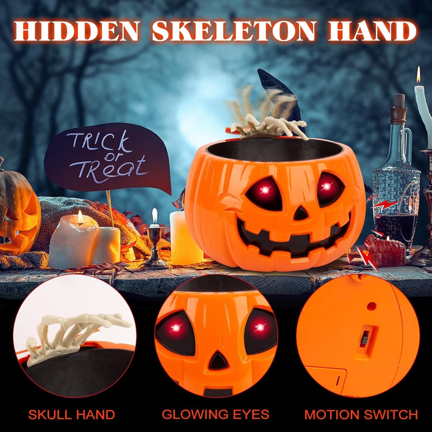 Animatronic Halloween Candy Bowl Decorations - Motion Activated Pumpkin Candy Bowl with Creepy Sound, Skull Hand, Glowing Eyes, for Trick or Treat, Indoor Halloween Party Decoration Candy Bowl