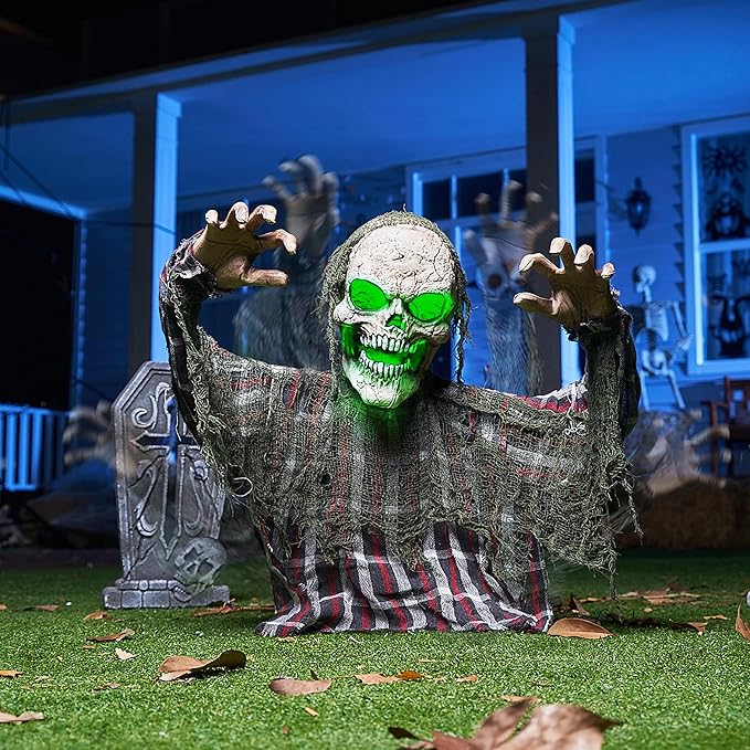 Animated Zombie Groundbreaker Graveyard Decor Outside, 25&#x2019;&#x2019; Groundbreaker Skeleton Prop with Moving Arms &#x26; Green Light, Lawn Yard Haunted House Decor