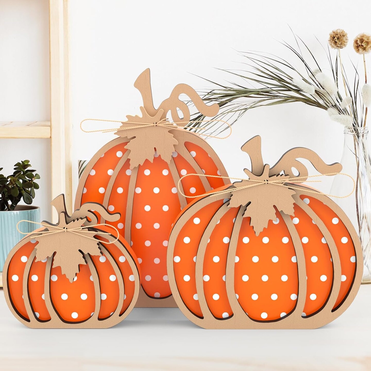 3 Pcs Wooden Pumpkin Decor, Thanksgiving Decorations, Autumn Decor for Table Fireplace Shelf Bedroom