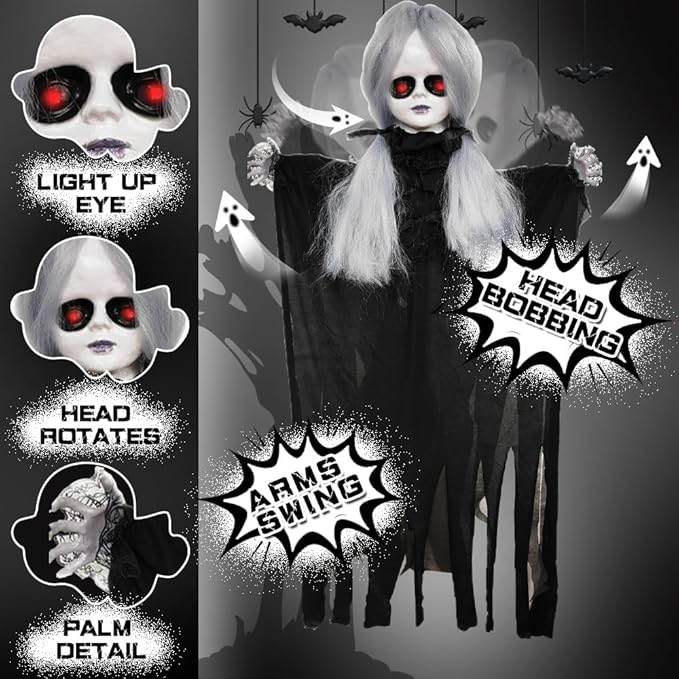 Decoration Outdoor with Sound Activated,Talking Scary Girl with White Light-up Eyes and Body Swing,Horror Prop for Indoor Lawn Decor (47 Inch)