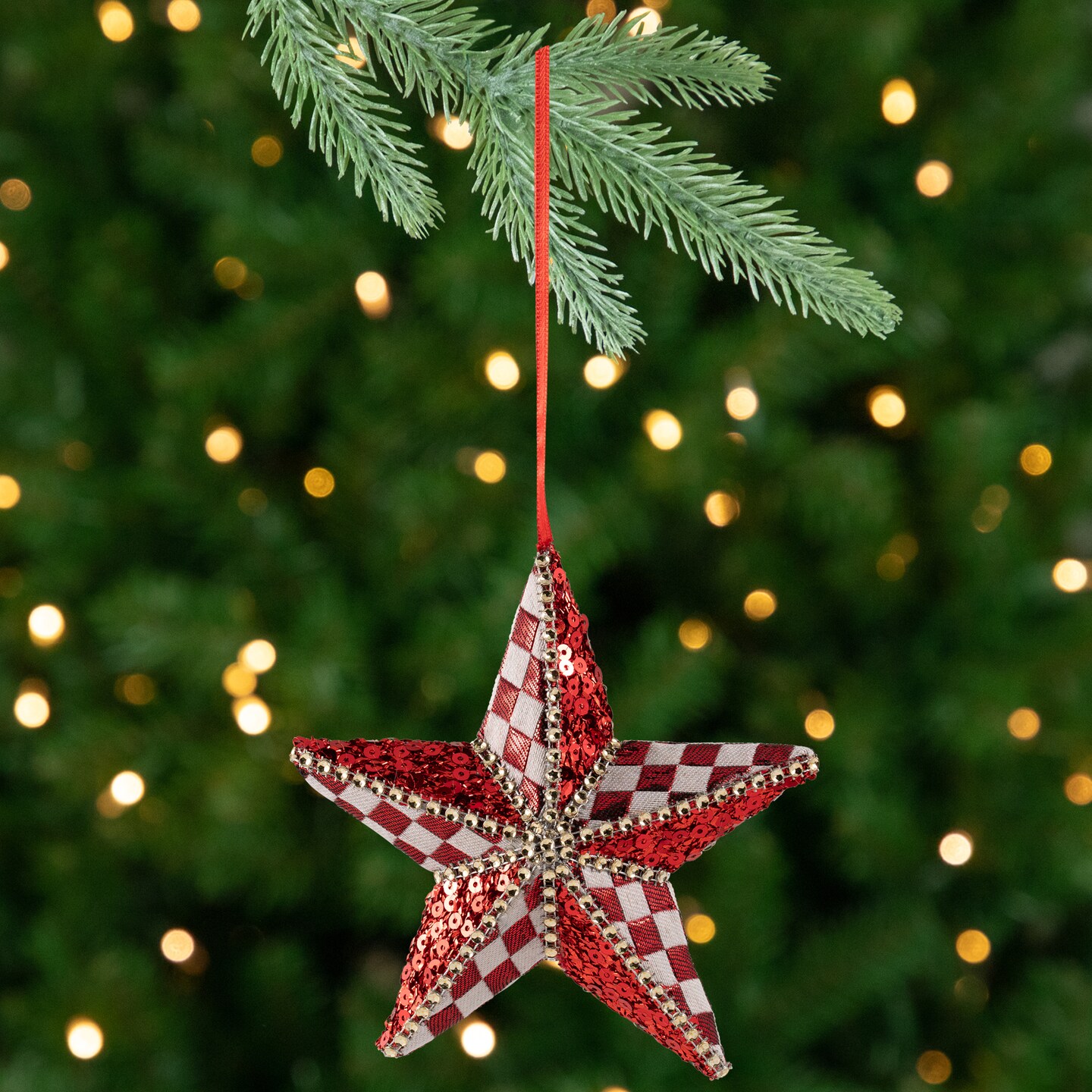 Northlight Sequined and Checkered Star Christmas Ornament -  6&#x22; - Red and White
