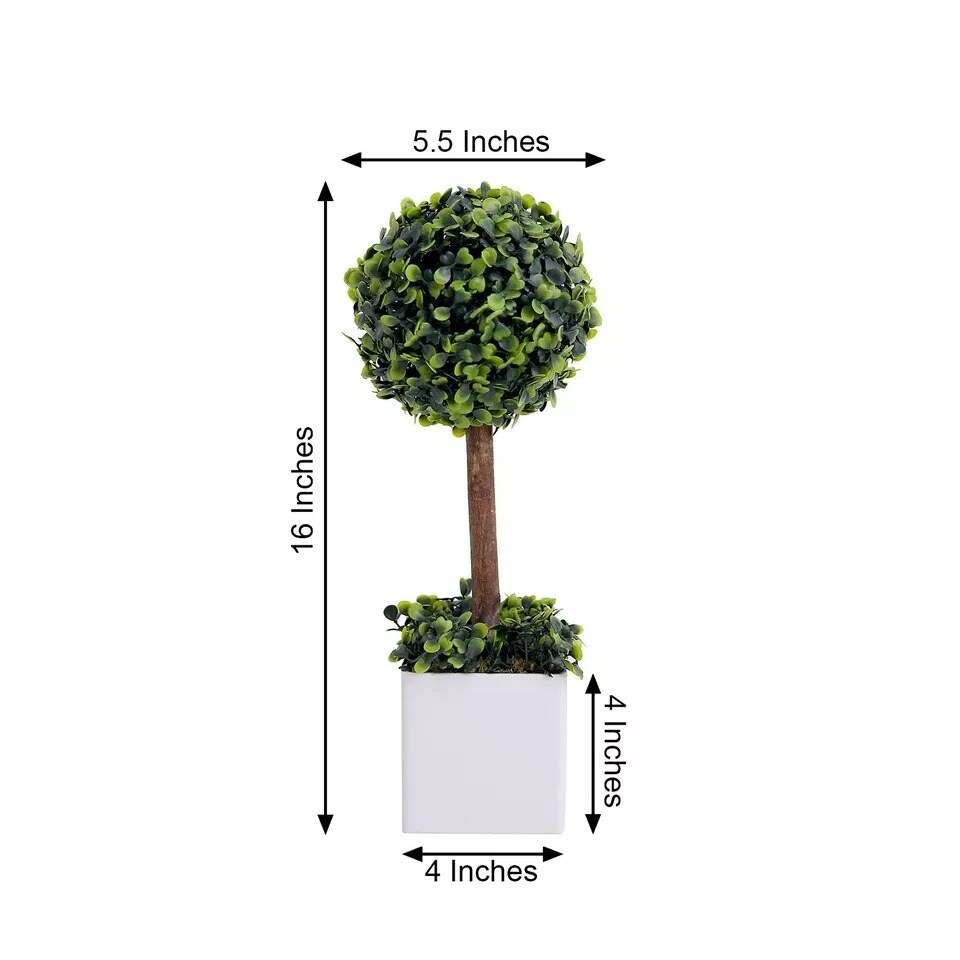 16" White Green Plastic Planter Pot Artificial Boxwood Topiary Ball Tree Party