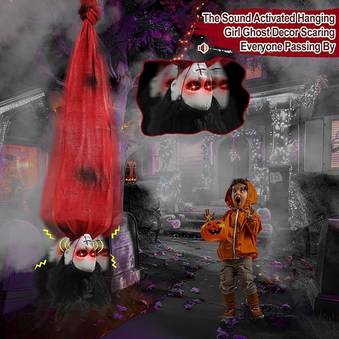 Decorations Animatronic Dead Victim with Creepy Girl Laughter Light Up Red Eyes Shake Head Sound Activated Halloween Prop for Haunted House Yard Decor