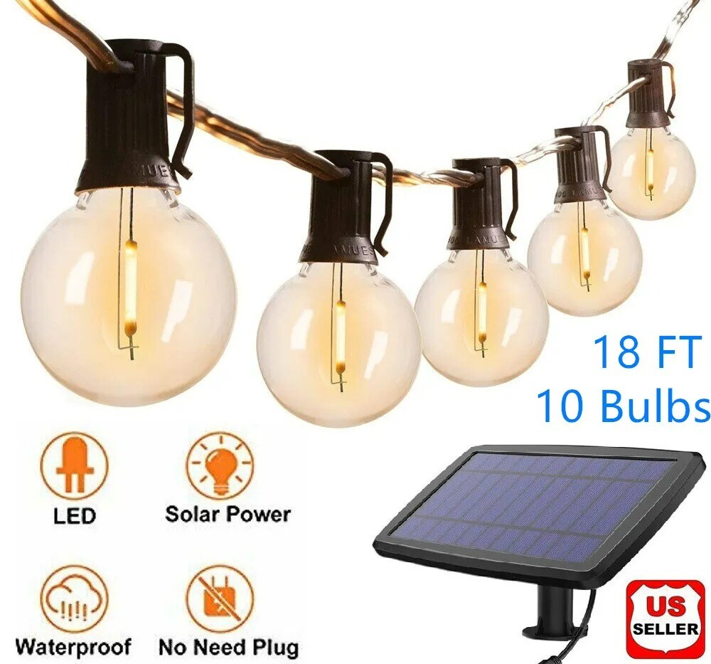 G40 Solar Powered 18ft Outdoor Patio Globe String Lights Bistro Yard Decoration