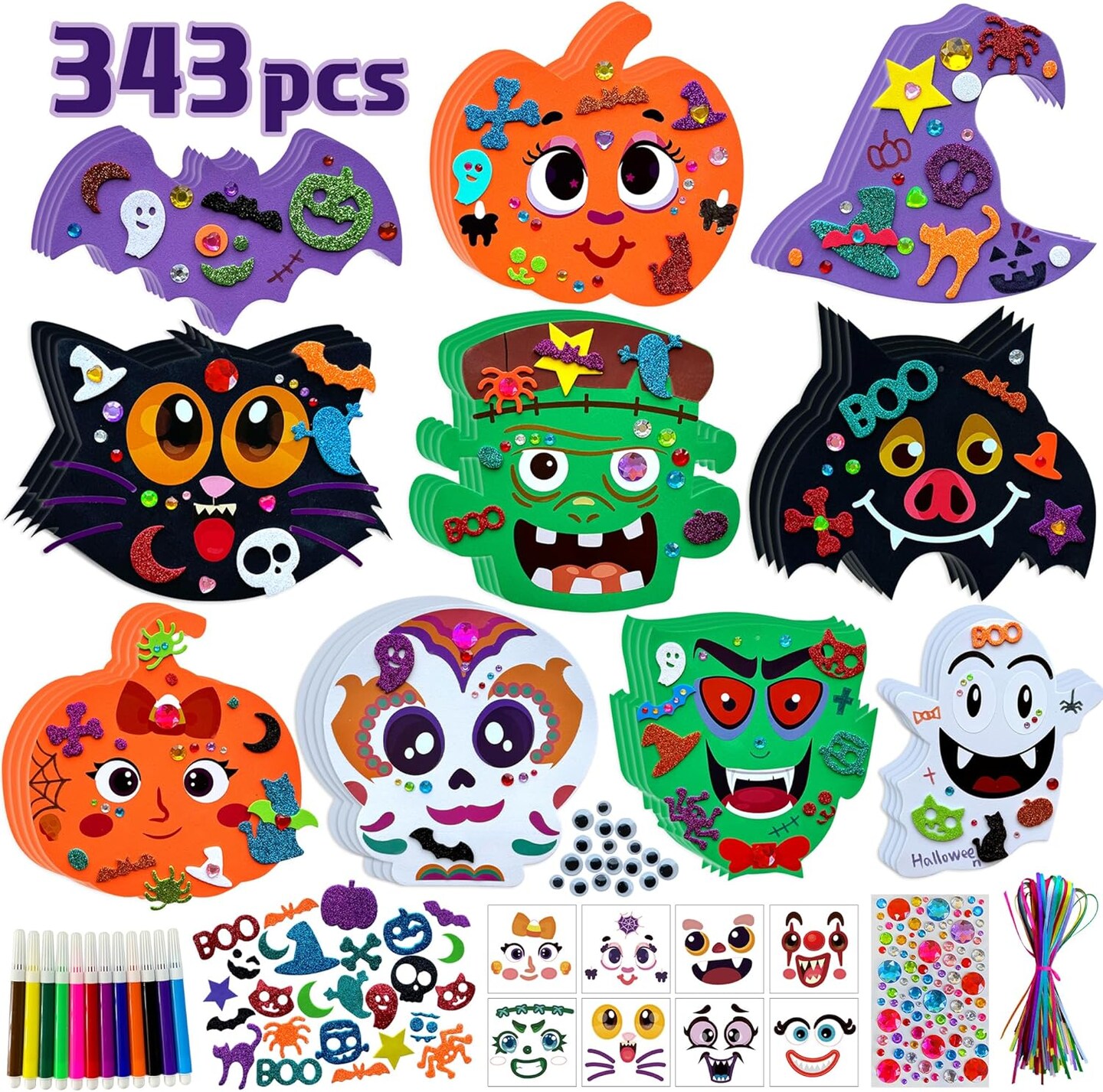 343Pcs Foam Stickers Set, Halloween Activities Art DIY Craft Kits Bulk Decorations Party Favors Supplies for Girls Boys Adult