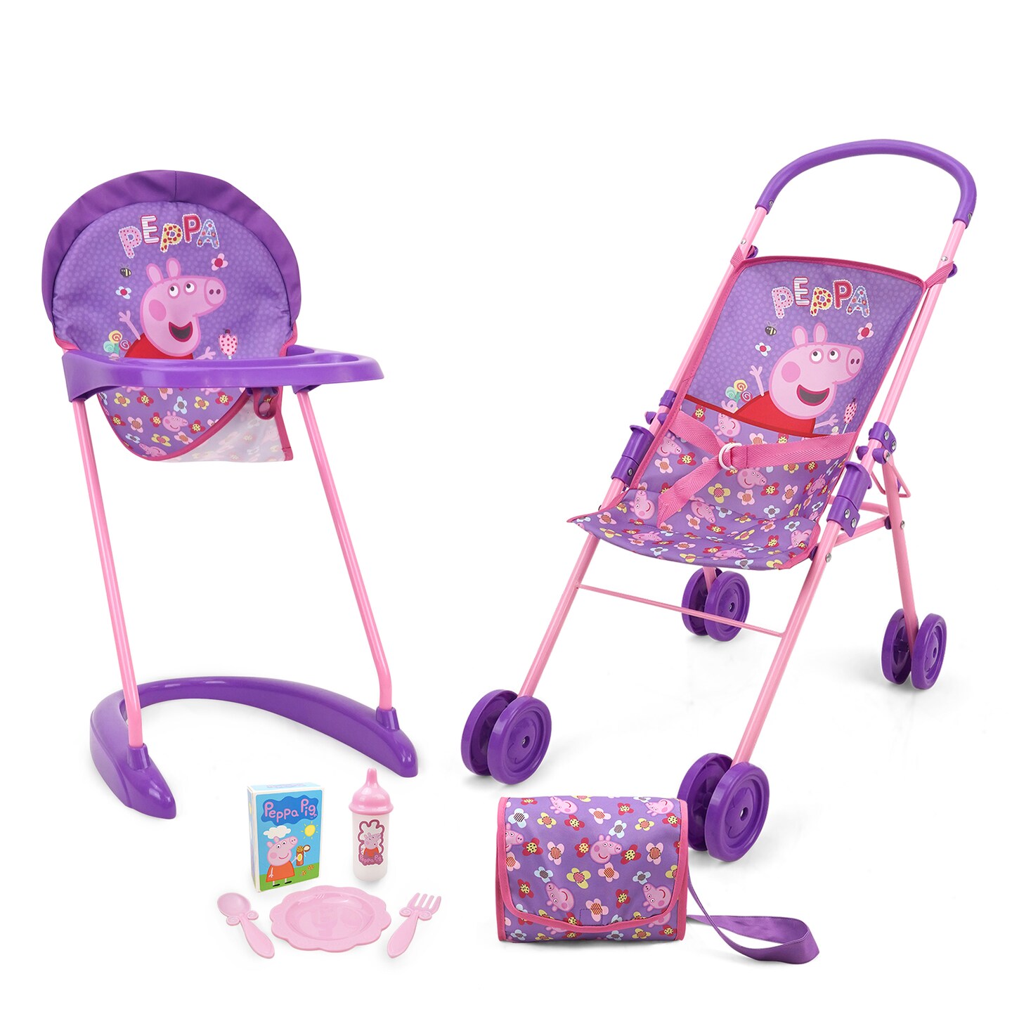 Peppa Pig Stroll N' Feed 8pc Set Purple, Pink, Flowers Stroller