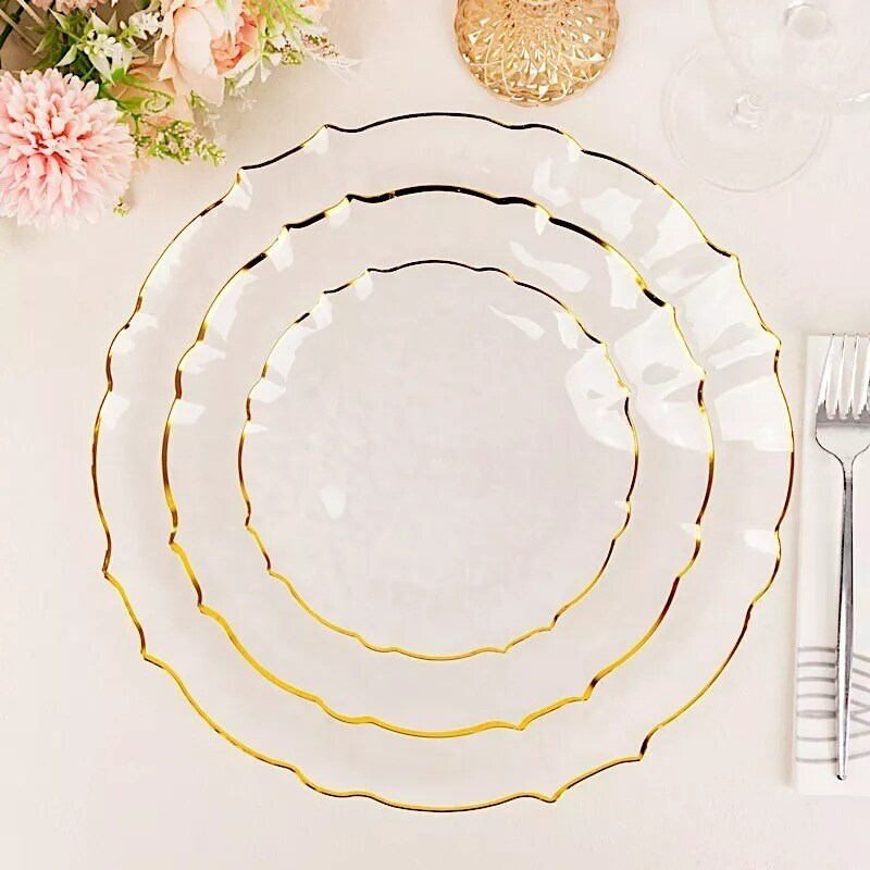 10 Clear 7" Plastic Dinner Salad Plates Gold Scalloped Rim Party Decorations