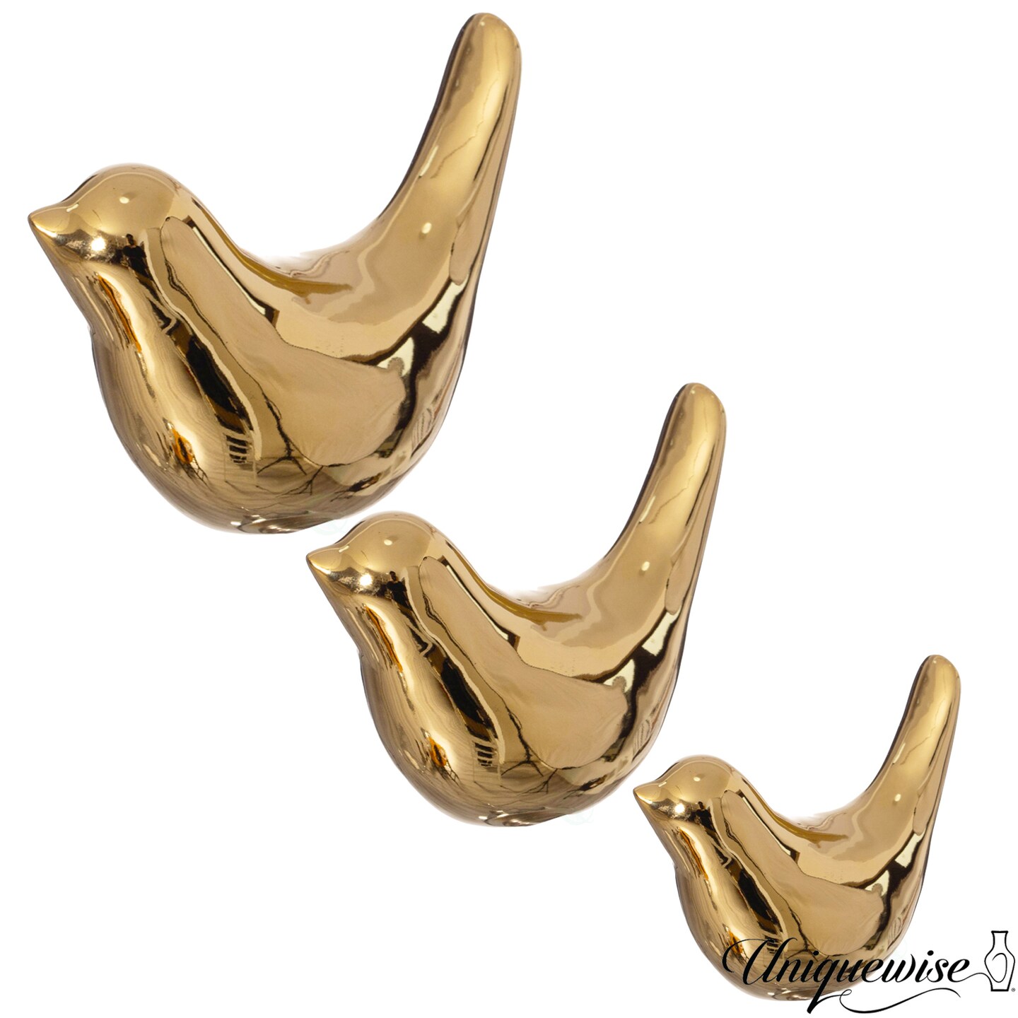 Uniquewise Set of 3 Gold Bird Figurines Elegant Home D&#xE9;cor