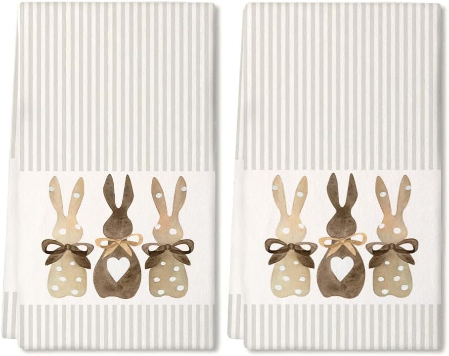 Easter Kitchen Towels Set of 2,Beige Bunny Dish Towels 18x26 Inch Drying Dishcloth,Farmhouse Home Seasonal Spring Decorations AD220