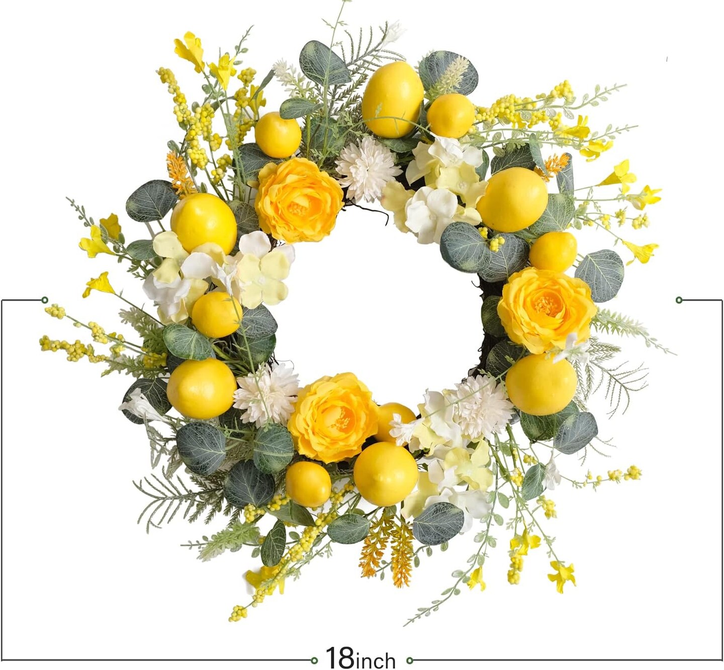 Summer 18 Inch Yellow Lemon Roses Wreath for Front Door, Eucalyptus Leaves with Hydrangea and Forsythia Flowers, Rustic Farmhouse Indoor and Outdoor Door Wreath for Home Decor
