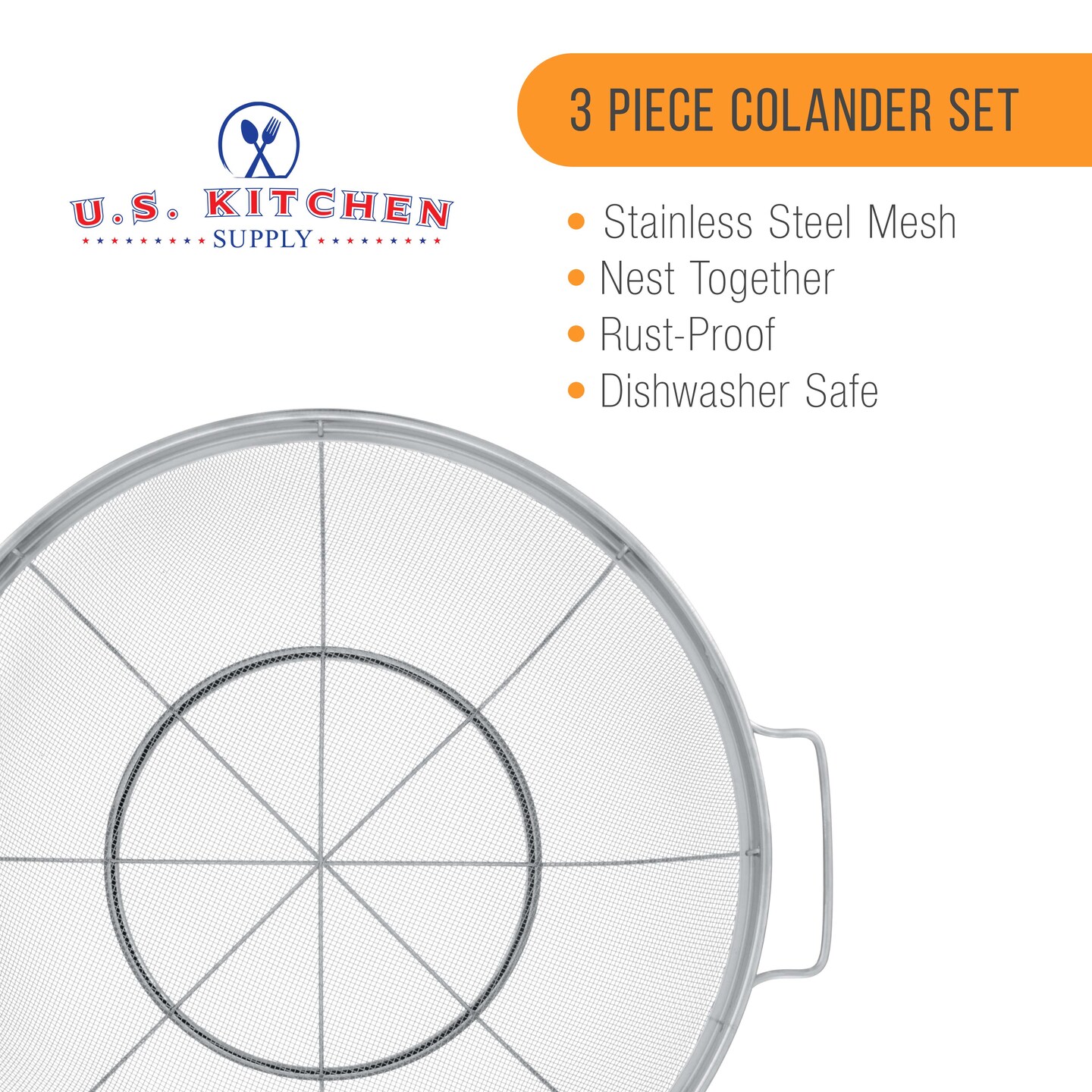 U.S. Kitchen Supply&#xAE; - 3 Piece Colander Set, Stainless Steel Mesh Strainer Net Baskets, Handles &#x26; Resting Base, 11&#x22; 5 Quart 9.5&#x22; 4 Quart &#x26; 8.5&#x22; 3 Quart