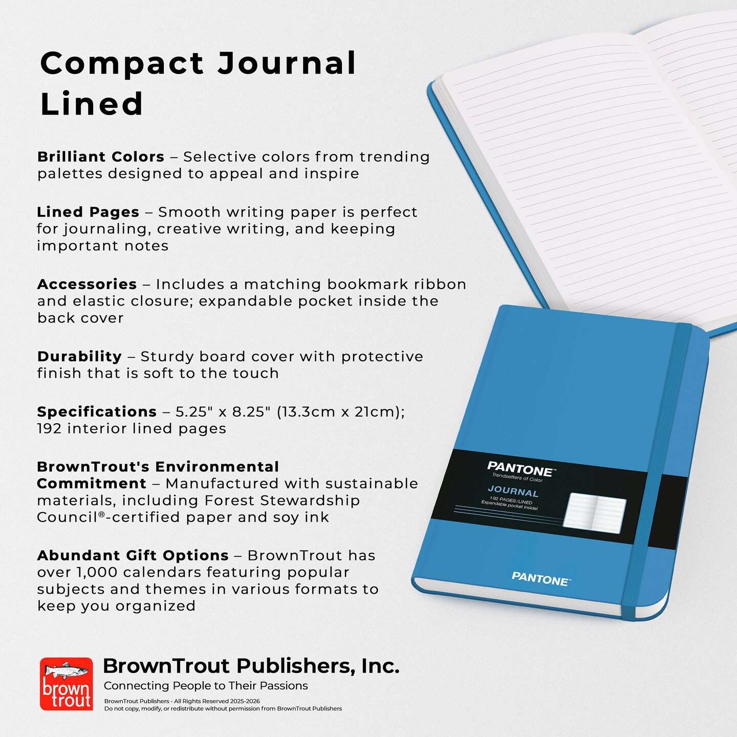 Pantone OFFICIAL Blue | 5.25 x 8.25 Inch Lined Compact Journal | Non-Dated | BrownTrout | Planning Stationery Diary