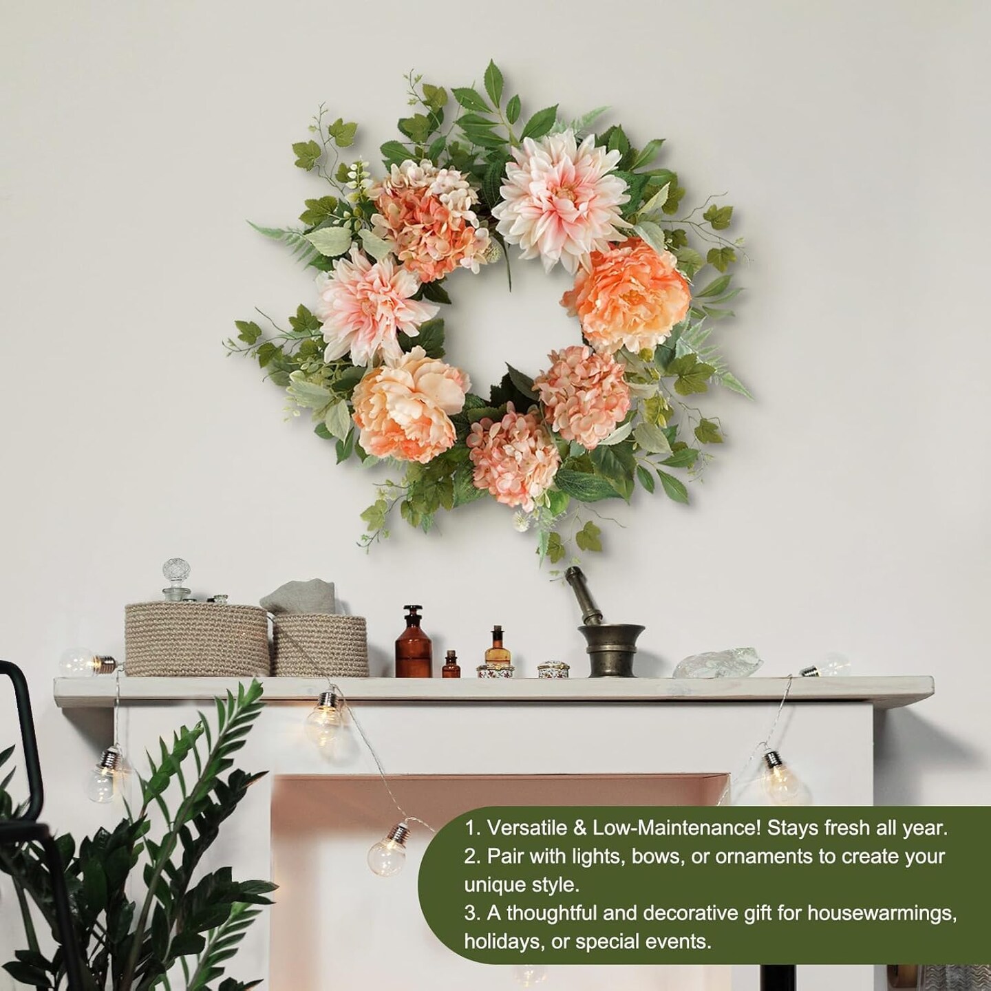 Summer Floral Wreath for Front Door, 20 Inch Artificial Wreath with Peony, Dahlia, and Hydrangea Flowers, Floral Wreath for Window, Porch, and Wall Decor, Year-Round Home Decoration